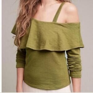 Anthropologie Postmark Olive Green Asymmetrical Shirt Top Ruffle Boho Size XL